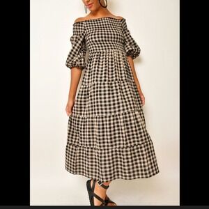 Little Lies Gingham Off the‎ Shoulder Size Small Black White Tiered Midi Dress
